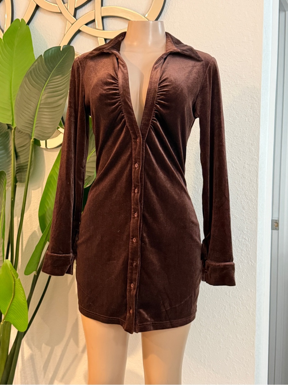 Women’s Velvet Button-Front Mini Dress in Brown